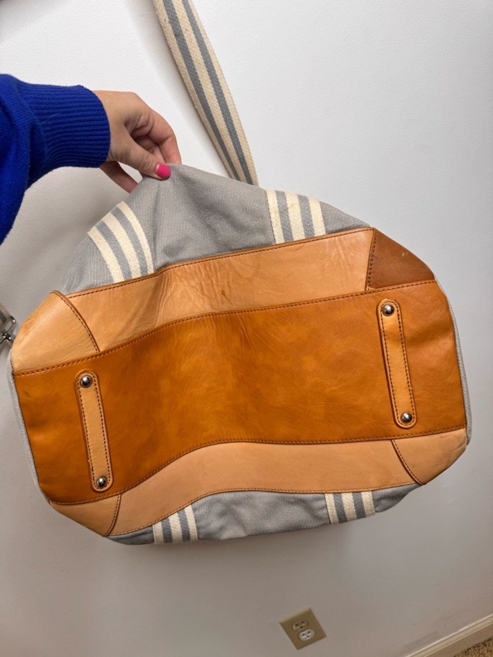 Pottery Barn Kids Gray Canvas Stripe Tote with Tan Leather Trim - Picture 5 of 6
